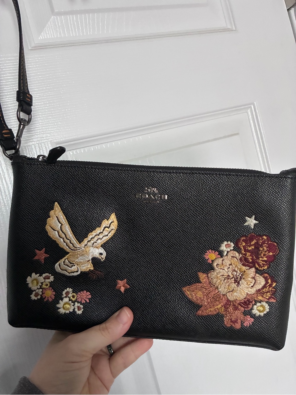 Coach Tattoo Embroidery Collection Black Leather Wristlet